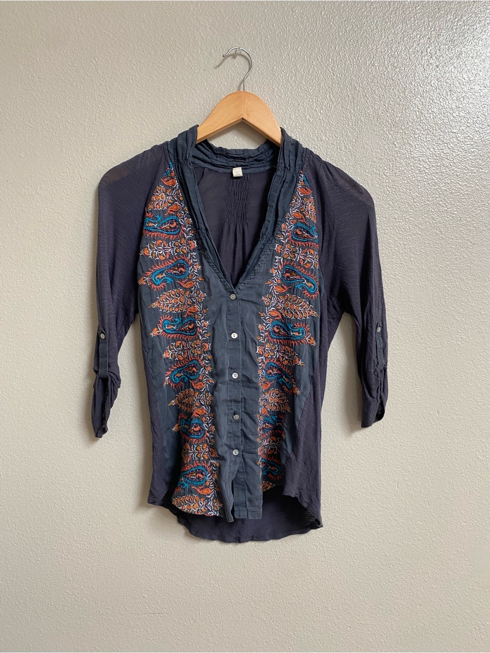Anthropologie Tiny Embroidered Silk Blend Boho Top Metallic Thread XS